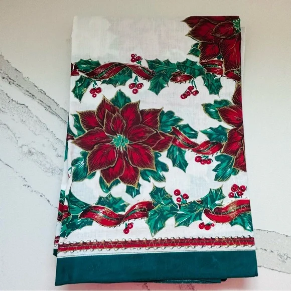 Vintage Poinsettia Promise Christmas Rectangle 60"x84" Tablecloth, 4 Napkins NWT - Picture 1 of 5
